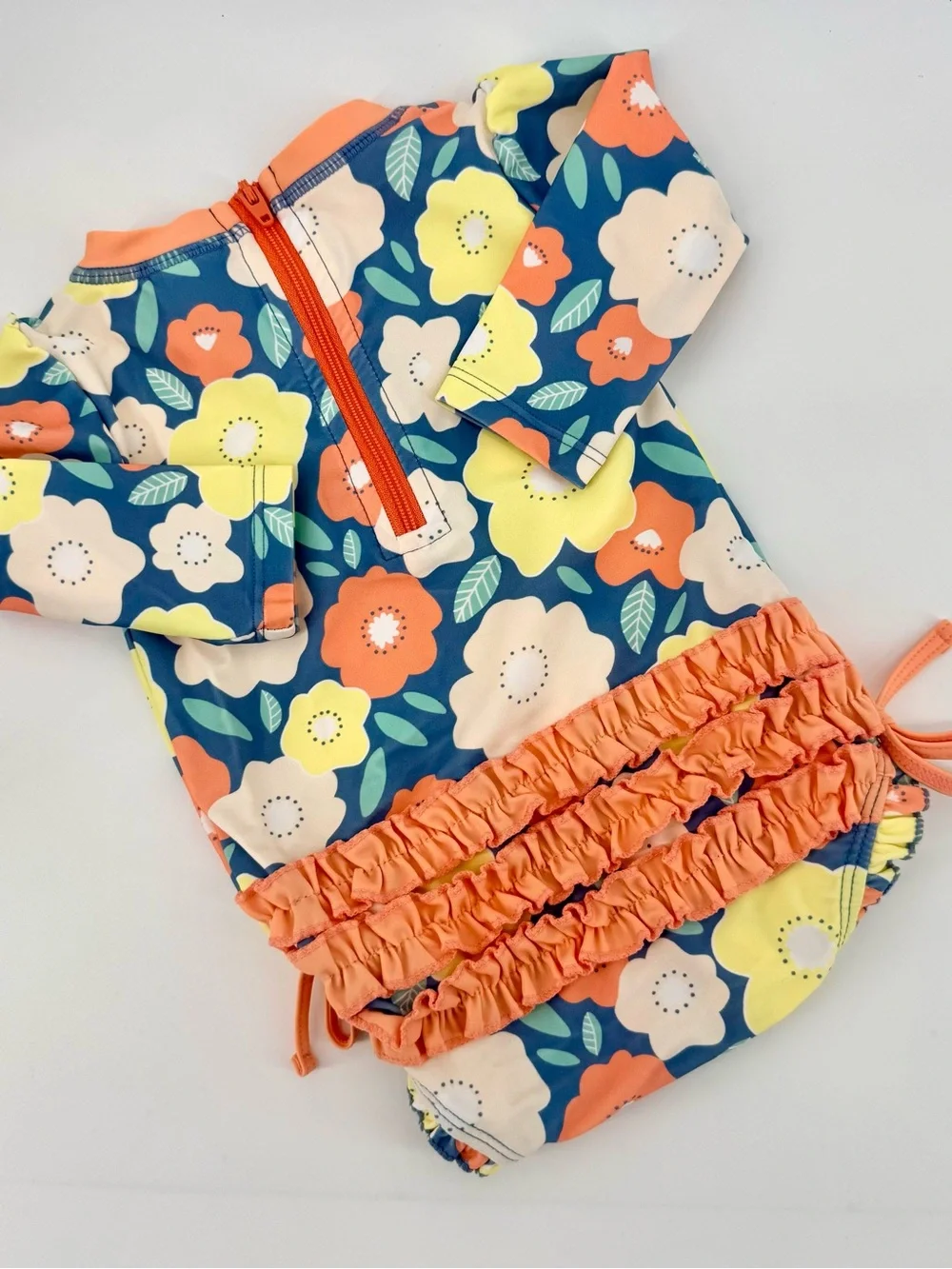 Ruffle Butts Baby Girls Peach, Yellow and Blue Floral One-Pc  Swimsuit Rashguard